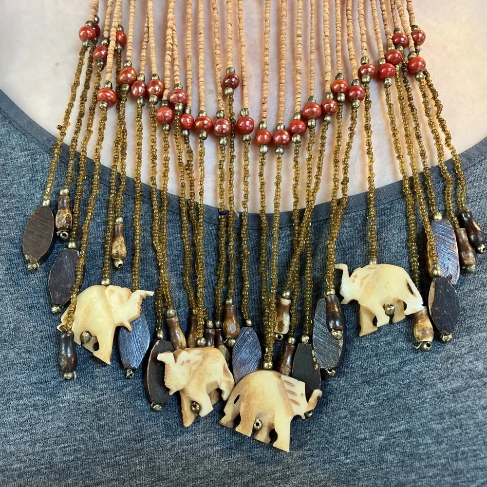 Fringed Choker with Hand-carved Bone Elephants - Vintage Boho Statement Necklace - Picture 2 of 10